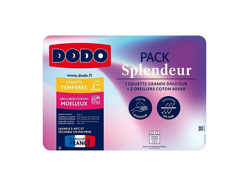 Pack couette 220 x 240 cm + 2 oreillers 60 x 60 cm - Splendeur - Garnissage 100% Polyester FCS 300 g/m2 - Blanc - DODO