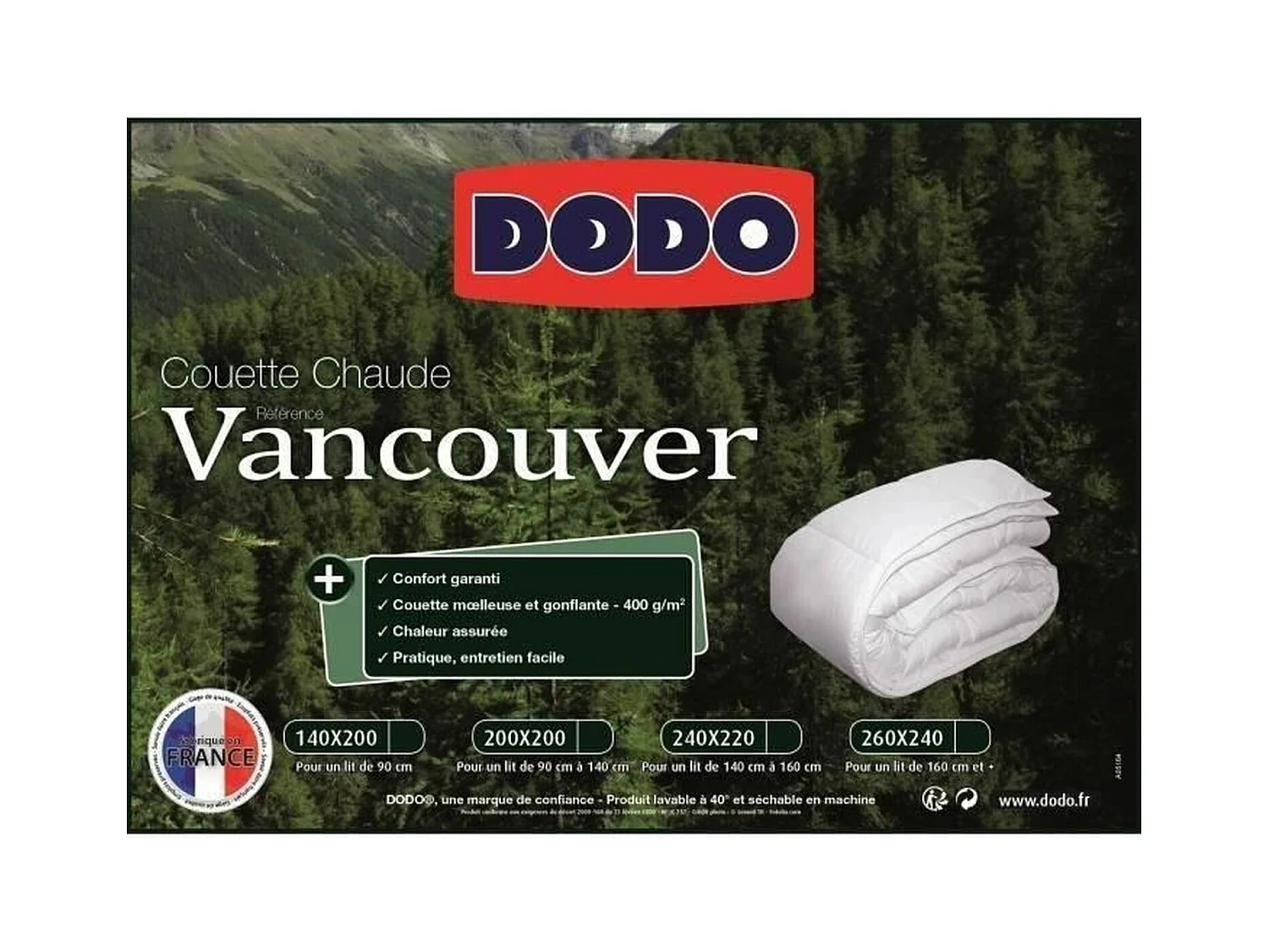 Warm dekbed 400g/m² VANCOUVER 200x200 cm wit - Polyester Holle Vezel - Franse Productie