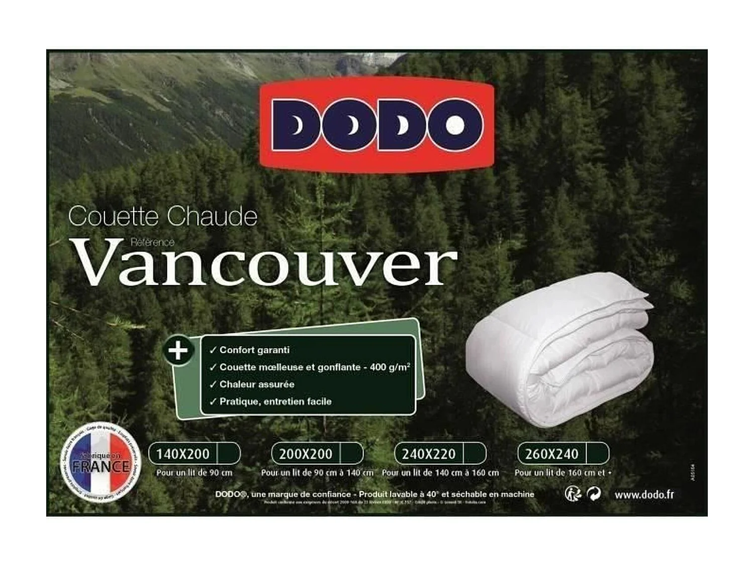 Couette chaude 400gr/m² VANCOUVER 200x200 cm blanc