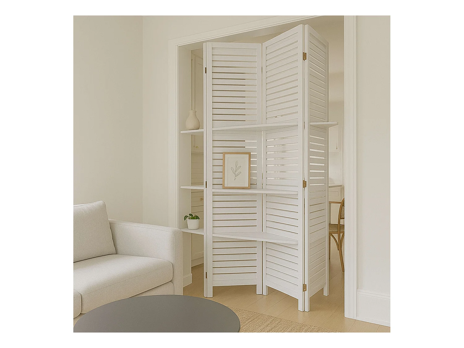 Paravent original avec 3 Étagères  Bois blanc H 170 cm