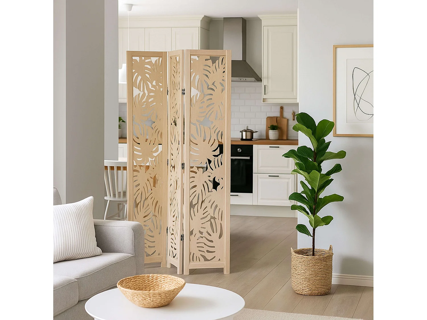 Paravent Palmier en Bois clair H 165 cm