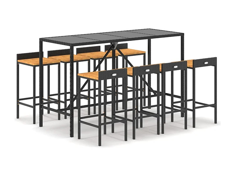 Vraldir  Ensemble de bar jardin 9 pcs noir poly rotin/bois massif acacia