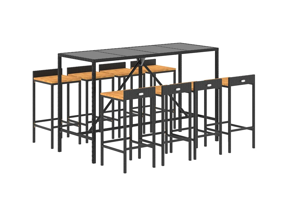 Vraldir  Ensemble de bar jardin 9 pcs noir poly rotin/bois massif acacia