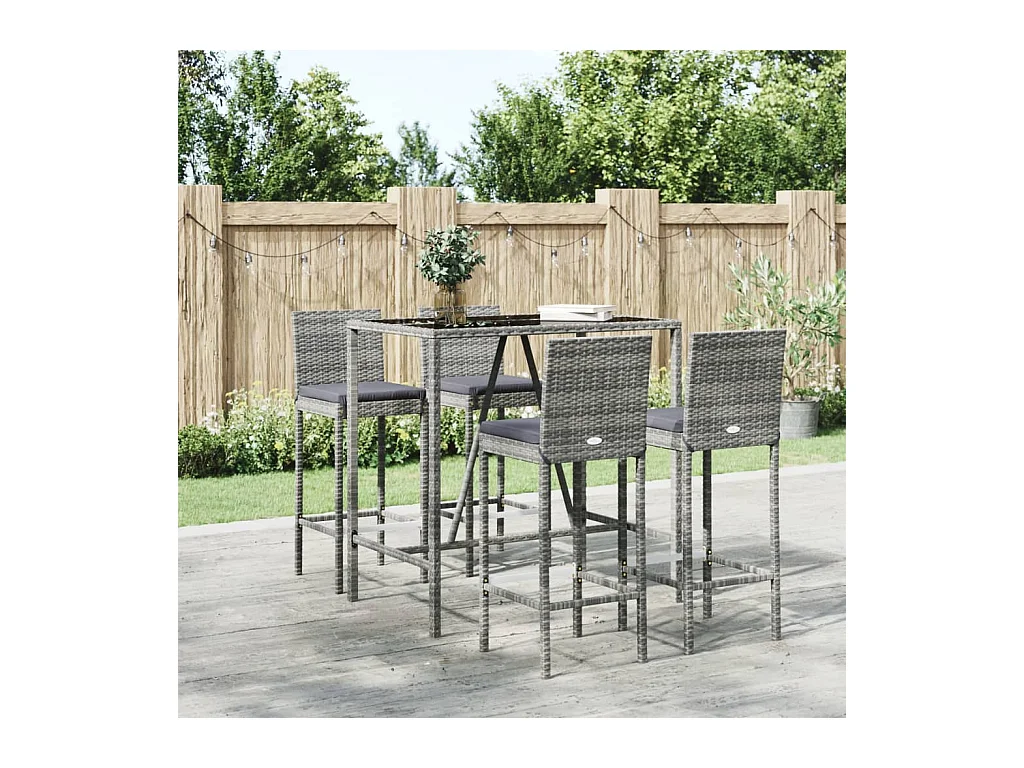 Danick  Ensemble de bar de jardin 5 pcs avec coussins gris poly rotin