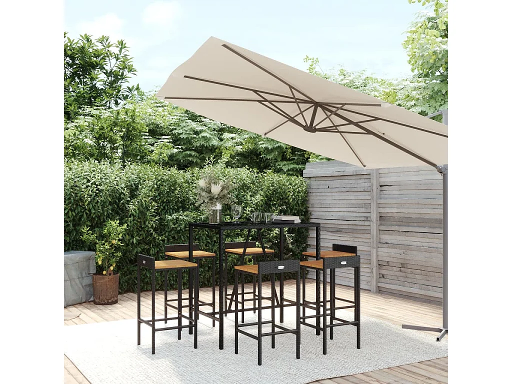 Vraldir  Ensemble de bar jardin 7 pcs noir poly rotin/bois massif acacia