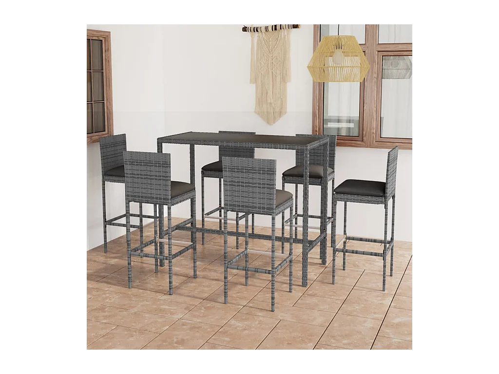 Helyra  Ensemble de bar de jardin 7 pcs et coussins Résine tressée Gris