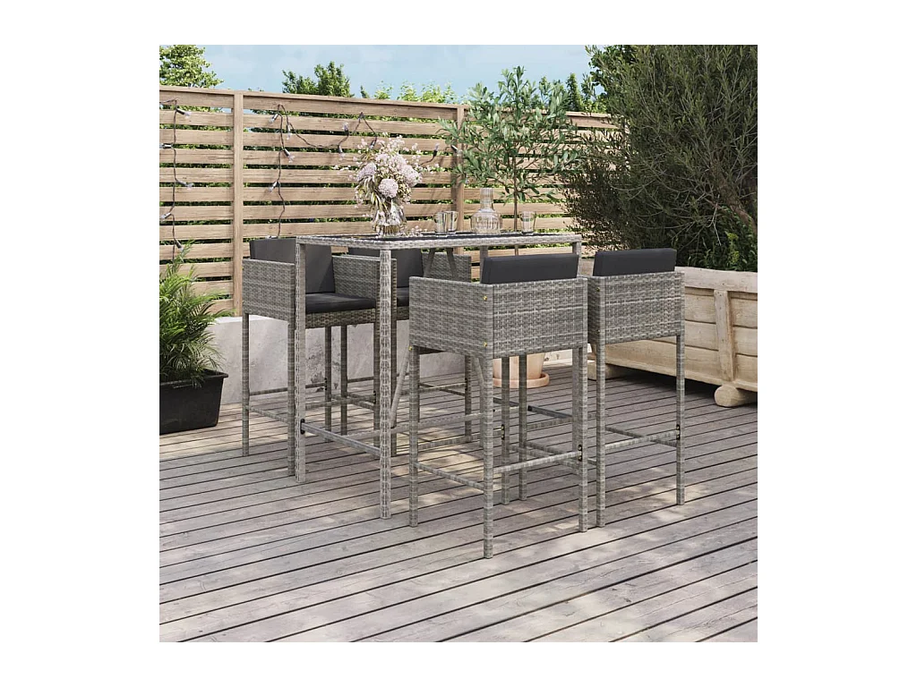 Virrat  Ensemble de bar de jardin 5 pcs avec coussins gris poly rotin