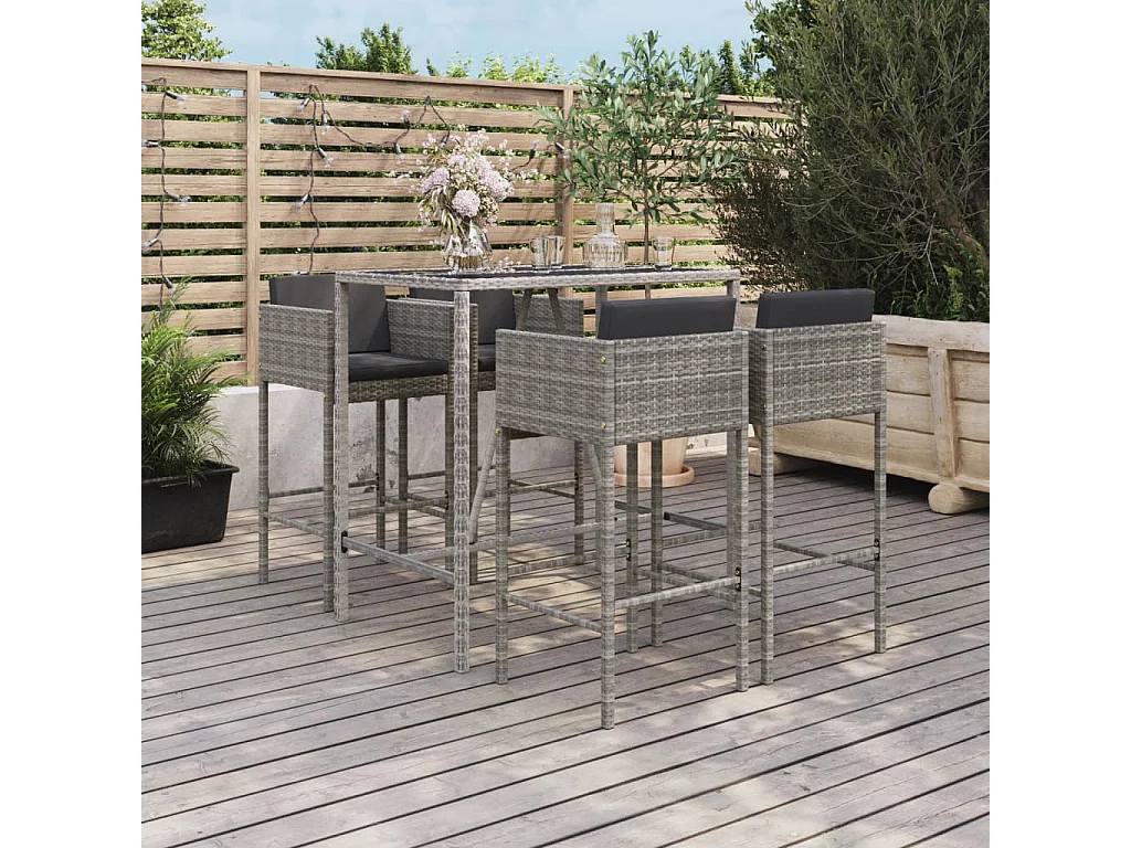 Virrat  Ensemble de bar de jardin 5 pcs avec coussins gris poly rotin