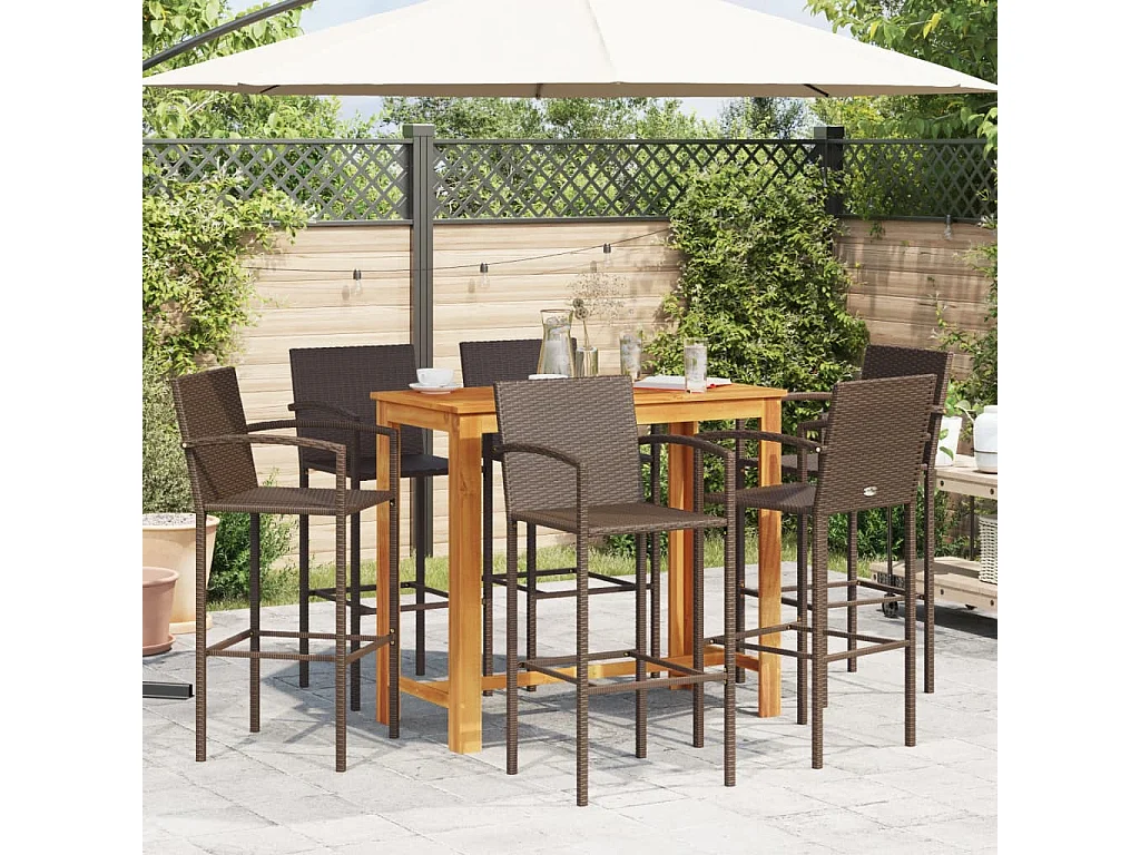 Kusti  Ensemble de bar de jardin 7 pcs marron bois massif acacia rotin