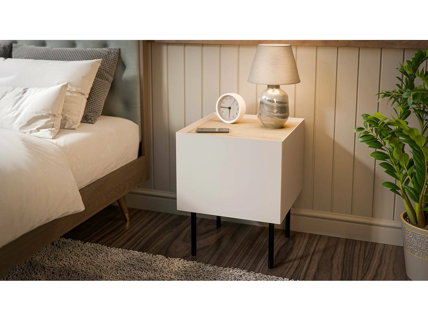 Set di 2 comodini Preci, Comò basso con cassetto e vano interno, Finitura effetto liscio, 40x41 h60 cm, Beige e Rovere