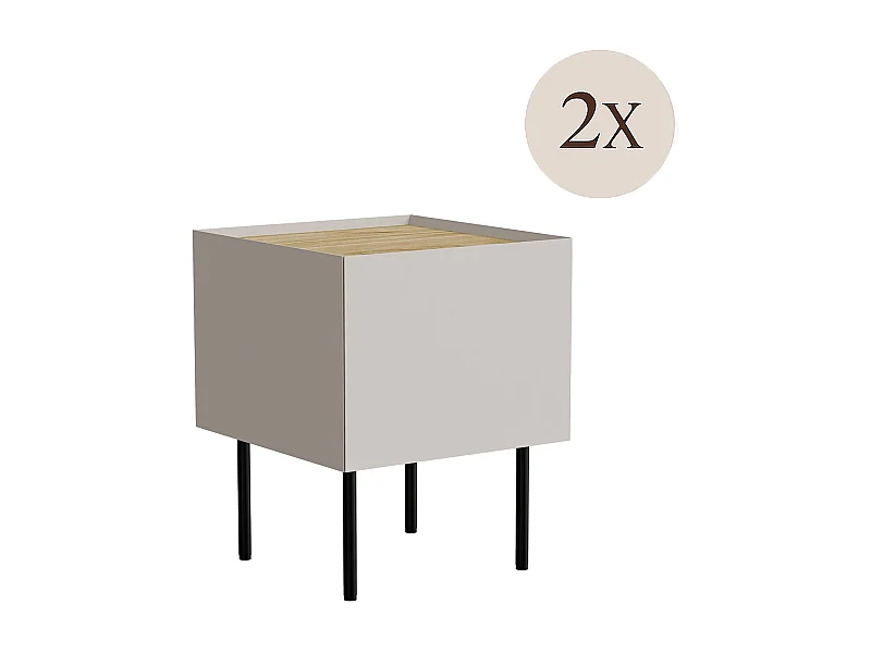Set di 2 comodini Preci, Comò basso con cassetto e vano interno, Finitura effetto liscio, 40x41 h60 cm, Beige e Rovere