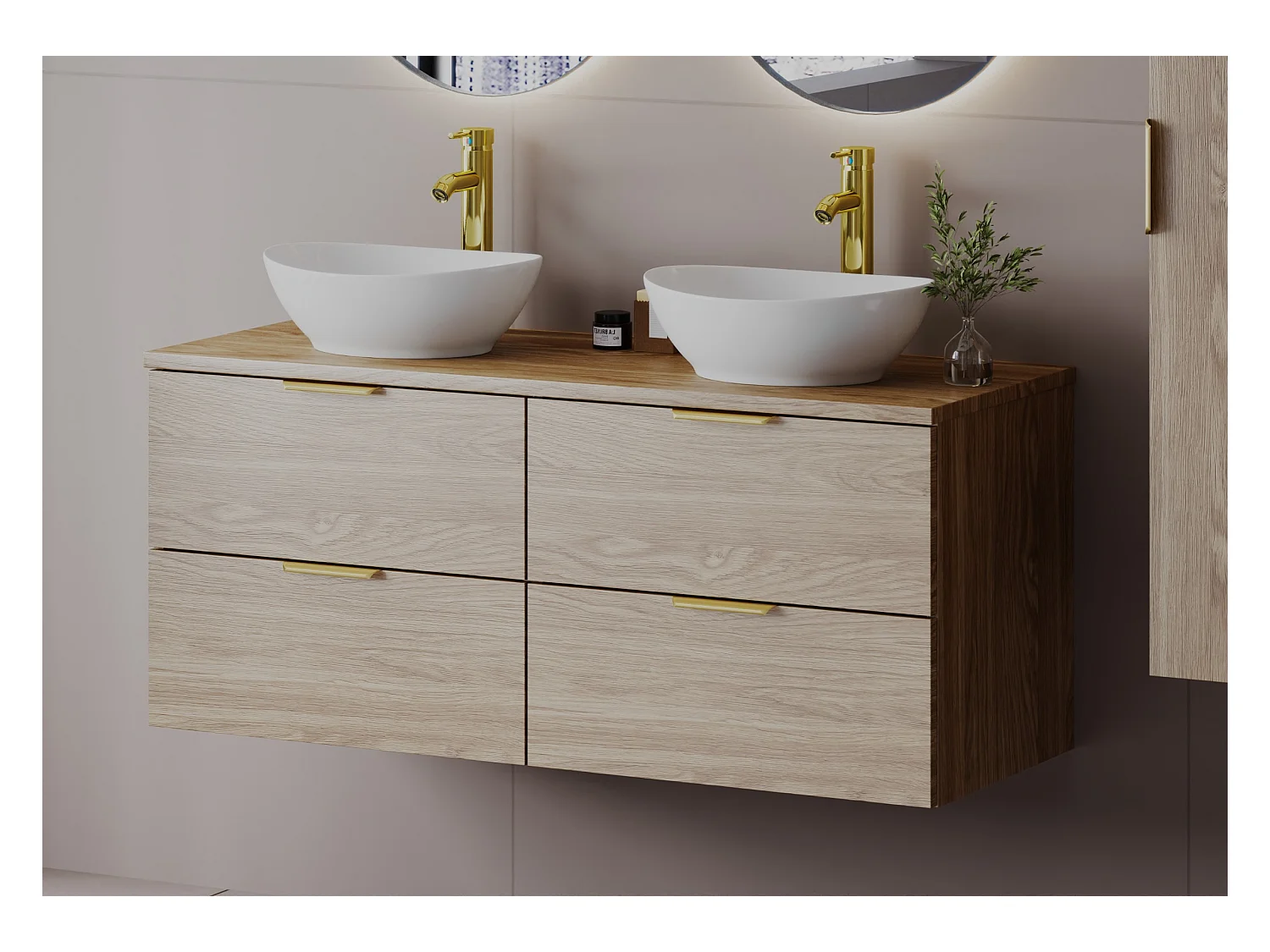 Ensemble pour salle de bain 120 cm Armoire Plan de travail Lavabo Chêne huilé Pile