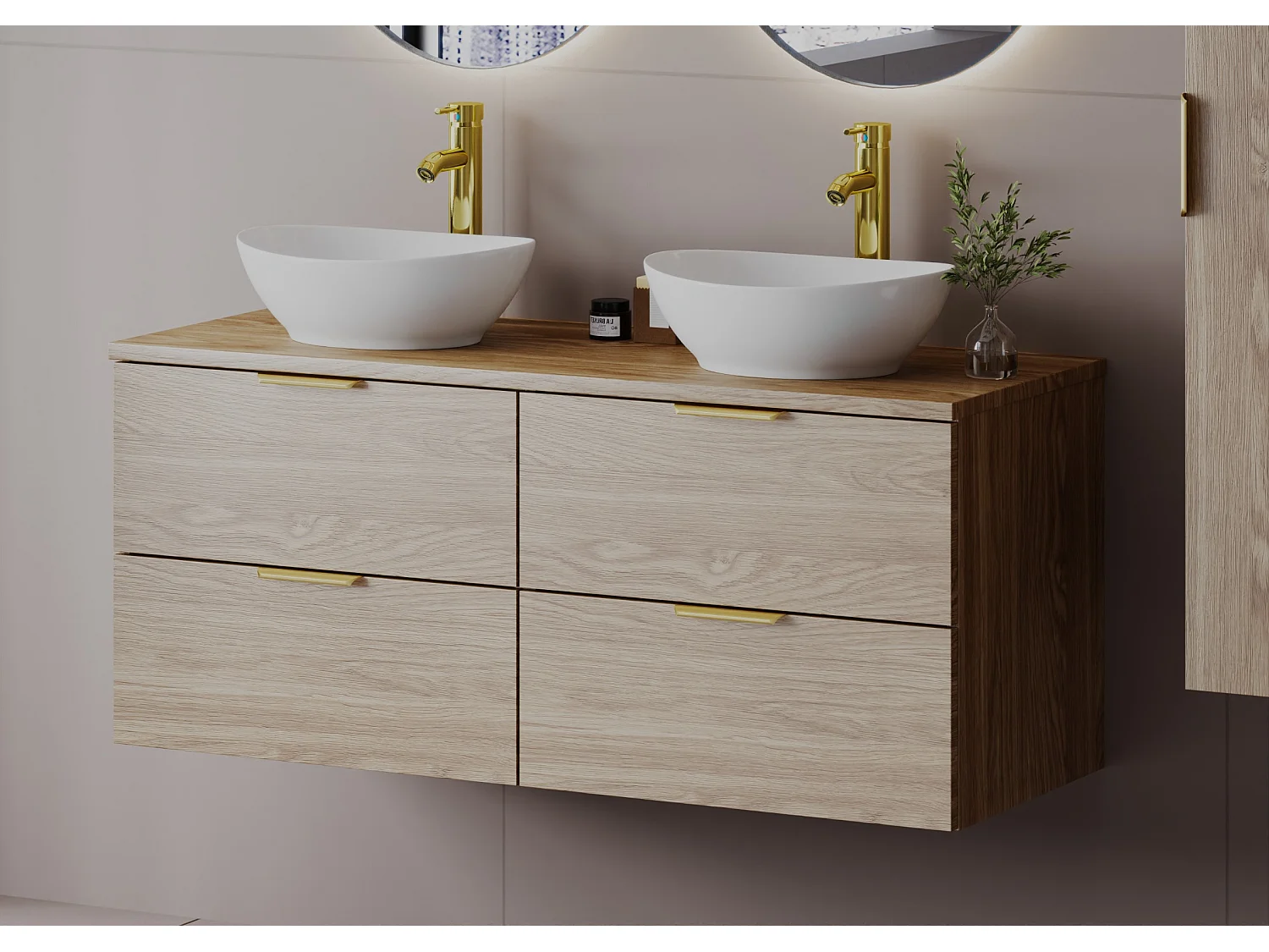 Ensemble pour salle de bain 120 cm Armoire Plan de travail Lavabo Chêne huilé Pile