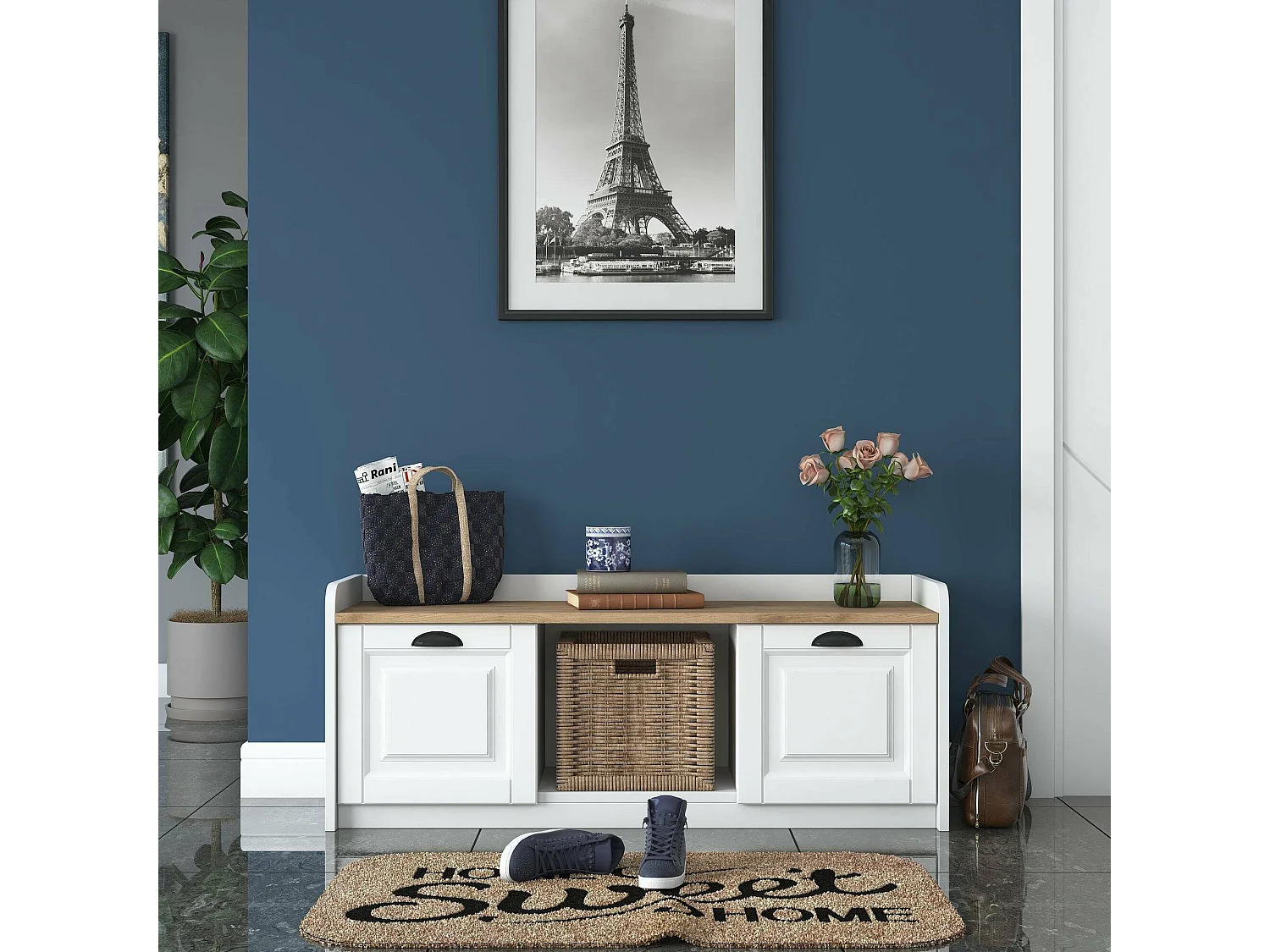 Dpietrotagliaferr schoenenrek, Schoenenkast, Multifunctionele entreekast, Schoenenkast, 120x40 h45 cm, Wit en Walnoot