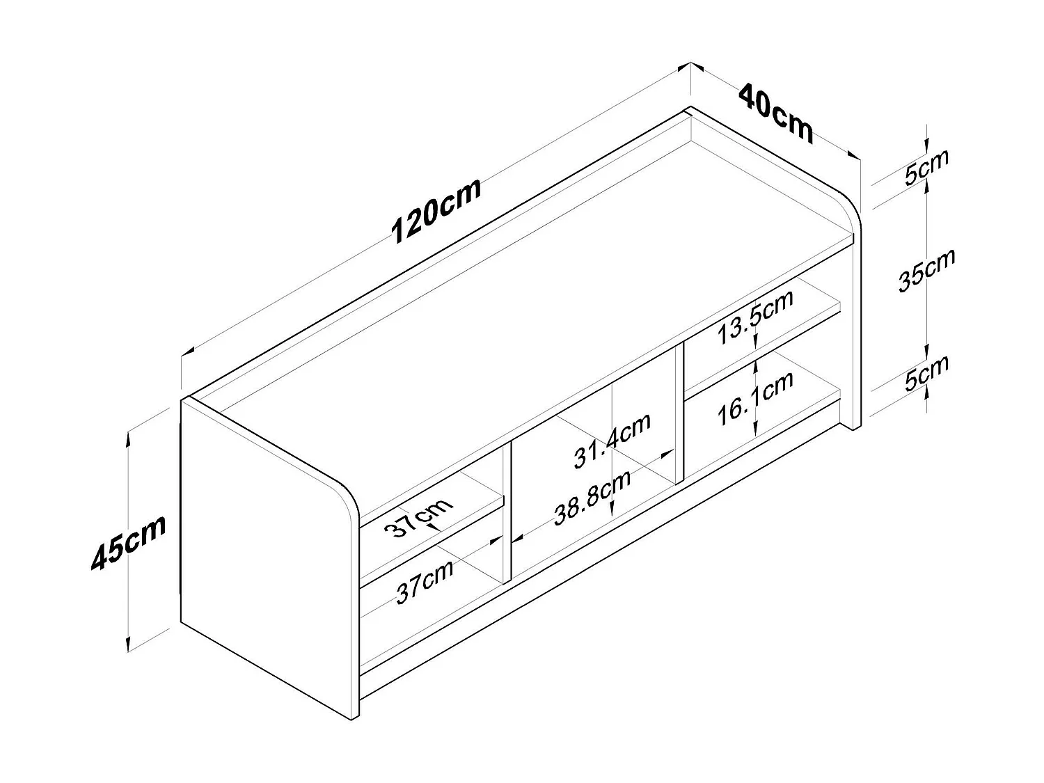 Dpietrotagliaferr schoenenrek, Schoenenkast, Multifunctionele entreekast, Schoenenkast, 120x40 h45 cm, Wit en Walnoot