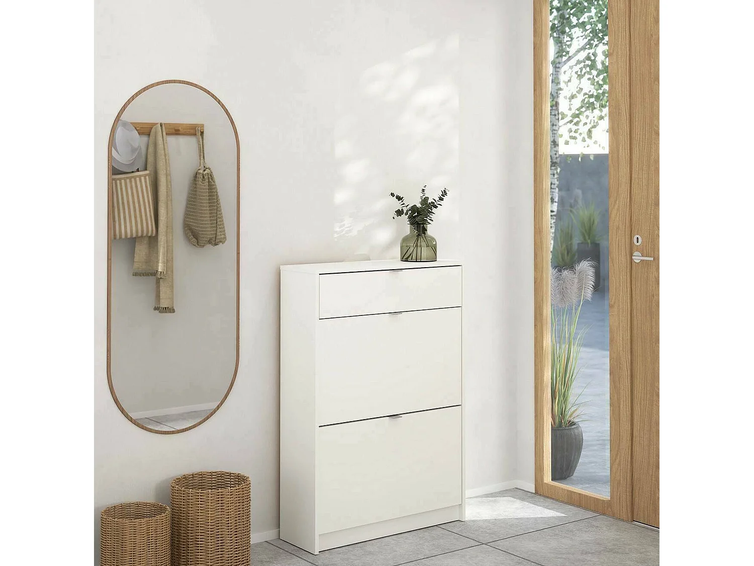 Schoenenkast Theophile, 12 paar, 70x24x101h cm wit, schoenenopbergkast, één lade, 2 deuren