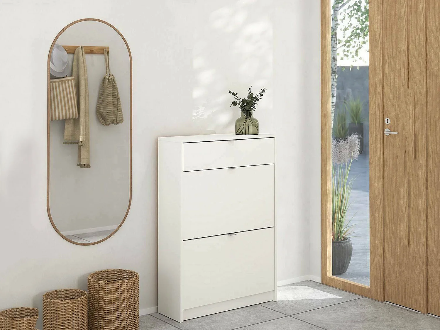 Schoenenkast Theophile, 12 paar, 70x24x101h cm wit, schoenenopbergkast, één lade, 2 deuren