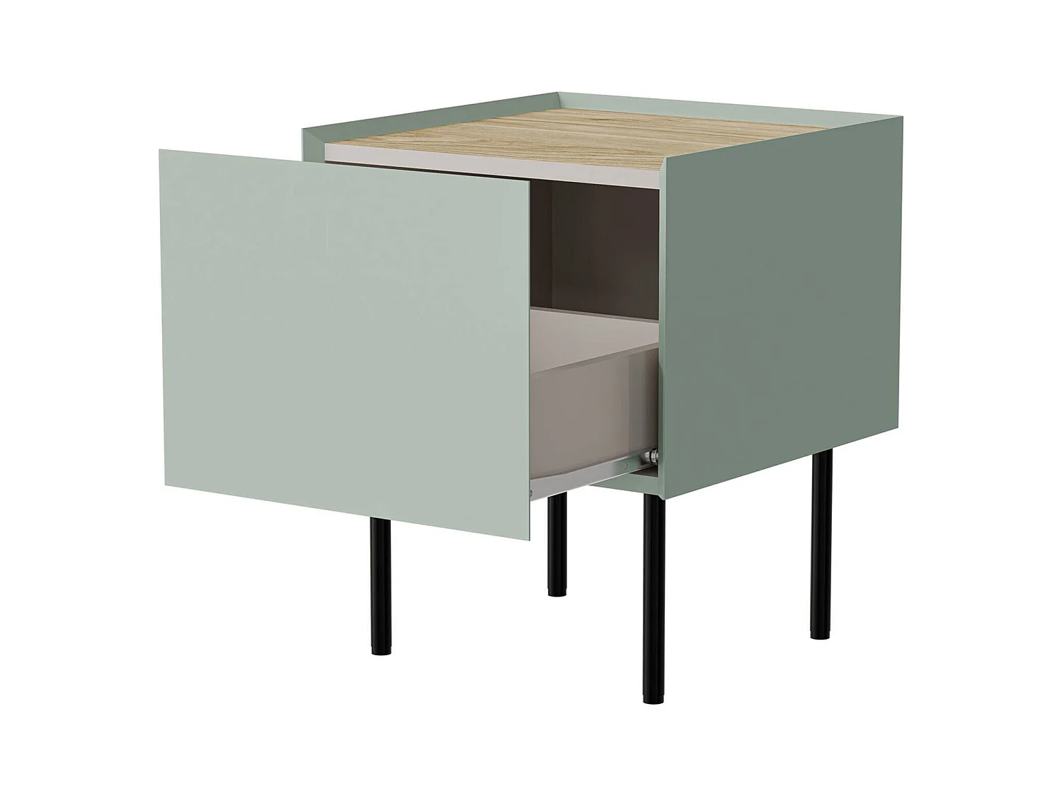 Set di 2 comodini Preci, Comò basso con cassetto e vano interno, Finitura effetto liscio, 40x41 h60 cm, Verde e Rovere
