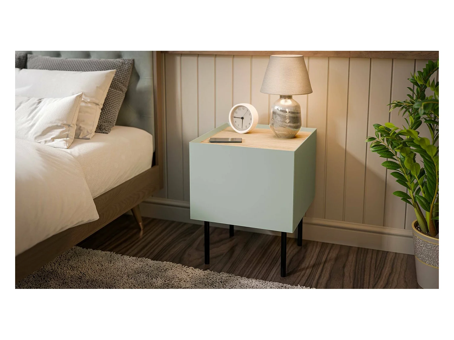 Set di 2 comodini Preci, Comò basso con cassetto e vano interno, Finitura effetto liscio, 40x41 h60 cm, Verde e Rovere