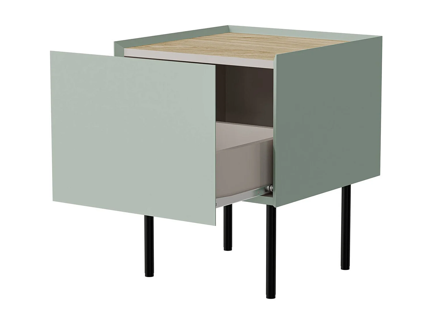 Set di 2 comodini Preci, Comò basso con cassetto e vano interno, Finitura effetto liscio, 40x41 h60 cm, Verde e Rovere