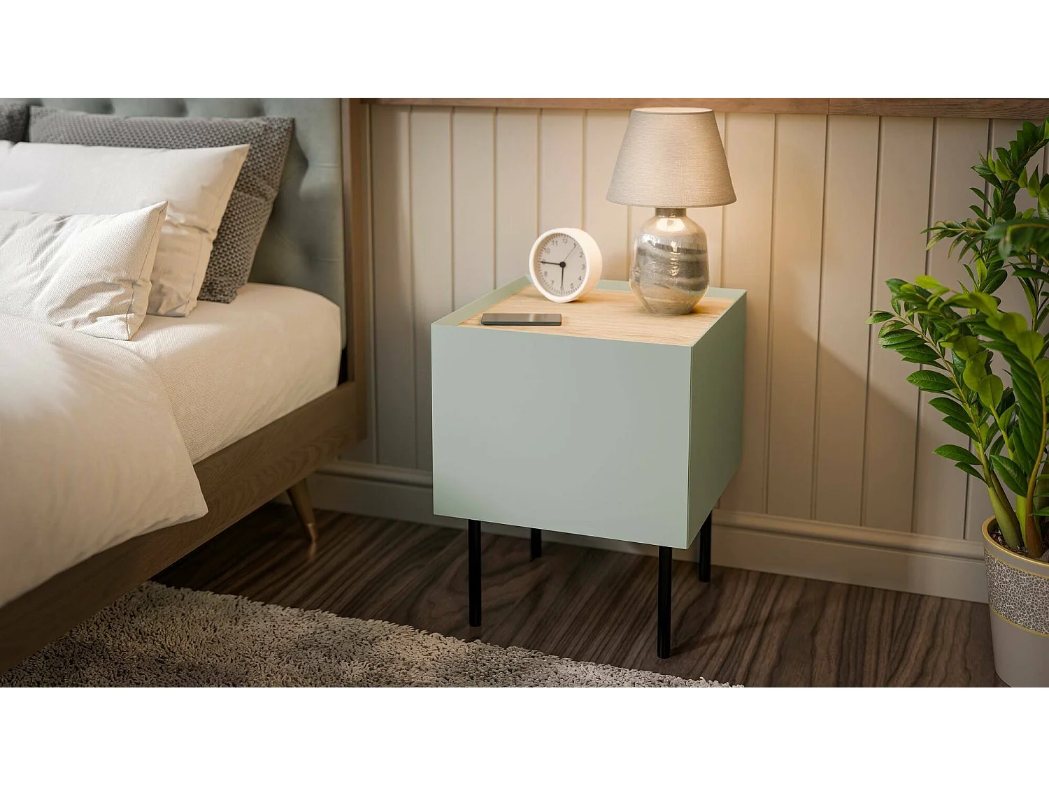 Set di 2 comodini Preci, Comò basso con cassetto e vano interno, Finitura effetto liscio, 40x41 h60 cm, Verde e Rovere