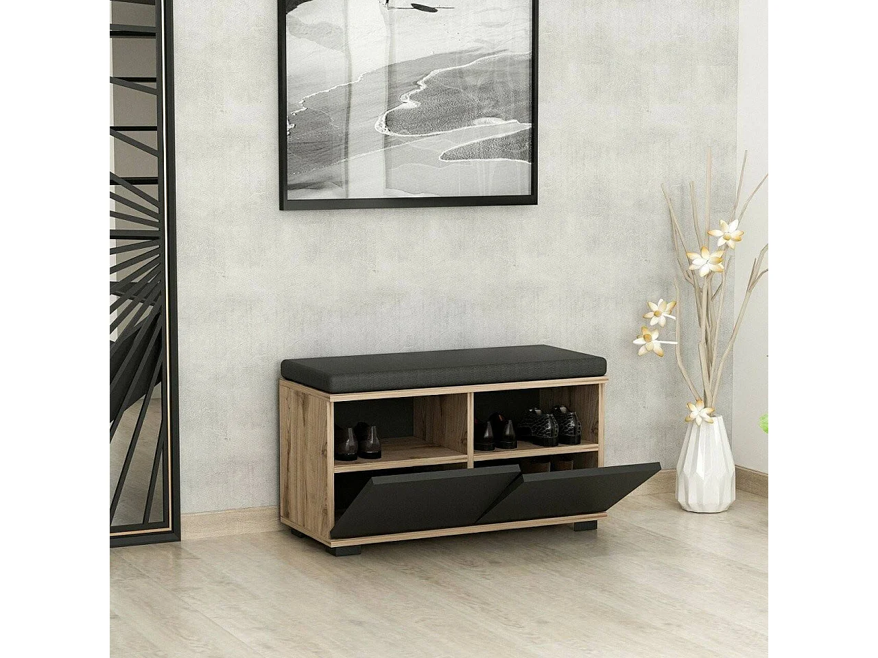 Zapatero Dmoroprescol, Zapatero, Armario de entrada multiusos, Zapatero, 80x35 h42 cm, Nogal y Negro