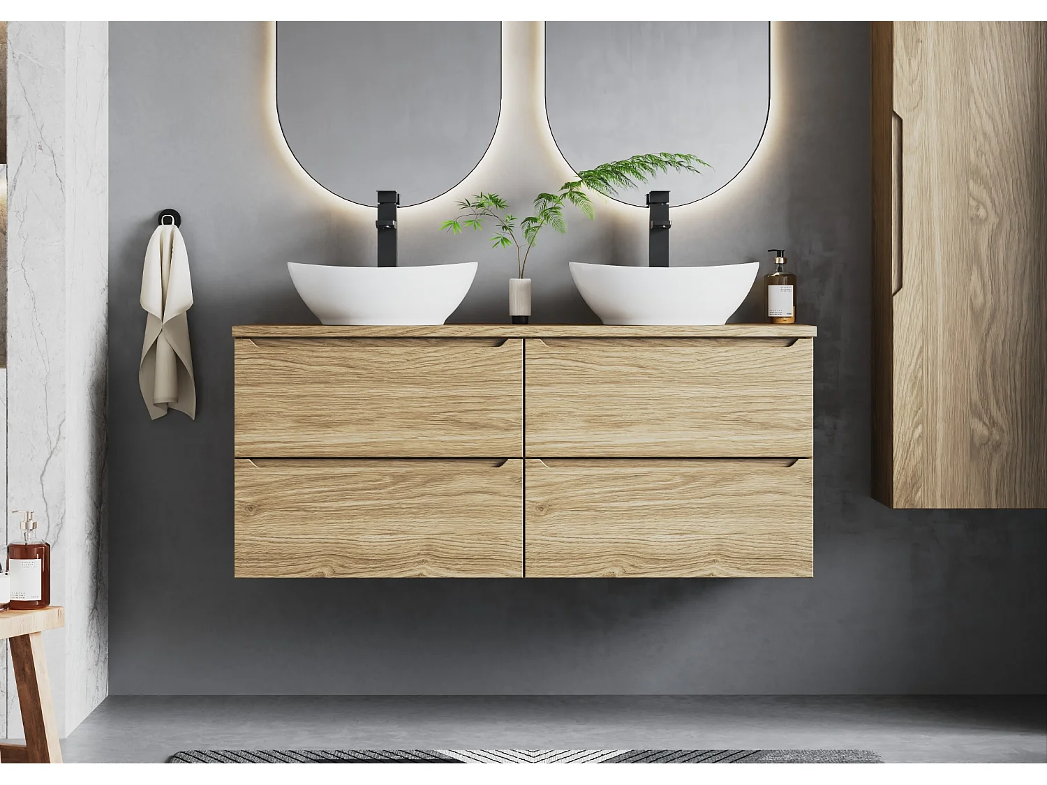 Ensemble pour salle de bain 120 cm Armoire Plan de travail Lavabo Chêne huilé Etna