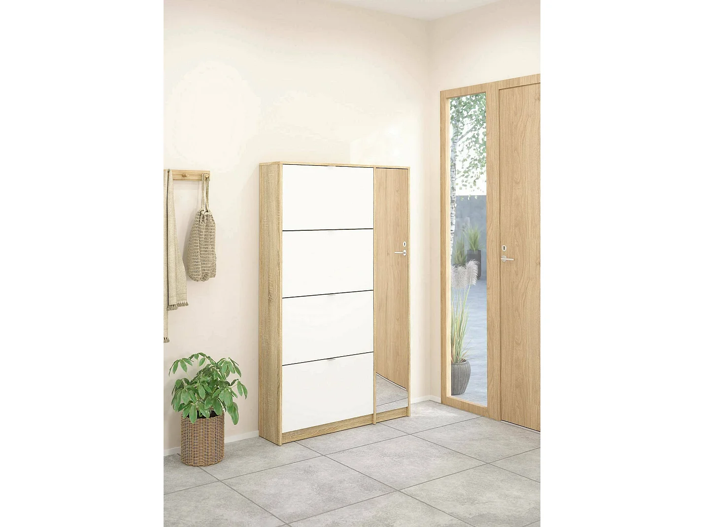 Dtorreir schoenenrek, Schoenenkast, Multifunctionele entreekast, Schoenenkast, 99x24 h162 cm, Eiken en Wit