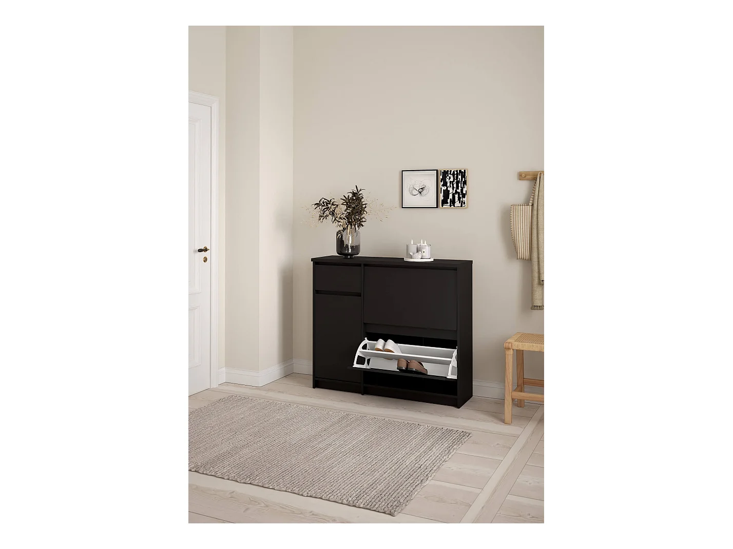 Meuble à chaussures Todd, un tiroir, 31,5x108,9x92,9h cm, noir, armoire à chaussures