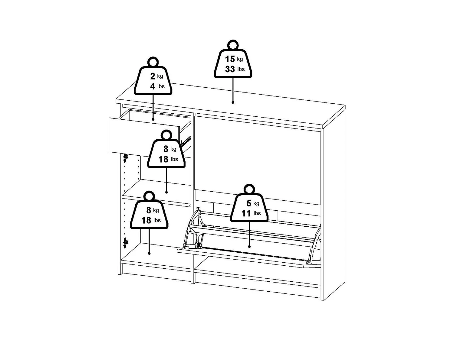 Meuble à chaussures Todd, un tiroir, 31,5x108,9x92,9h cm, noir, armoire à chaussures