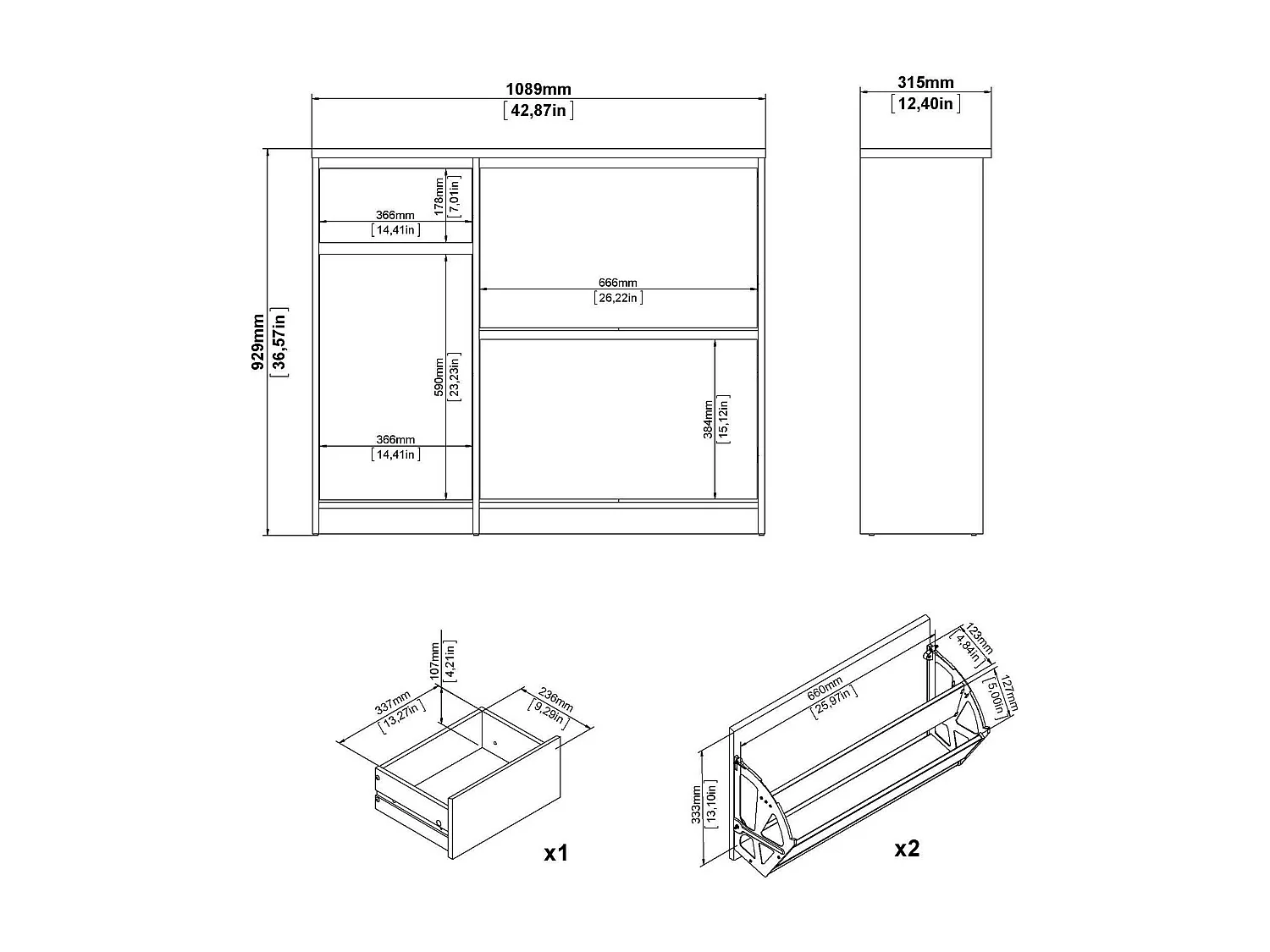 Meuble à chaussures Todd, un tiroir, 31,5x108,9x92,9h cm, noir, armoire à chaussures
