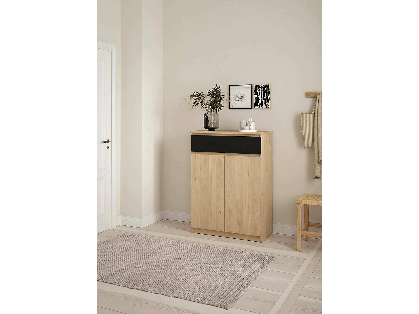 Dtravers schoenenrek, Schoenenkast, Multifunctionele entreekast, Schoenenkast, 80x40 h111 cm, Eiken en Zwart