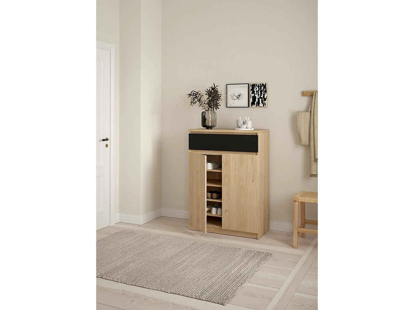 Dtravers schoenenrek, Schoenenkast, Multifunctionele entreekast, Schoenenkast, 80x40 h111 cm, Eiken en Zwart