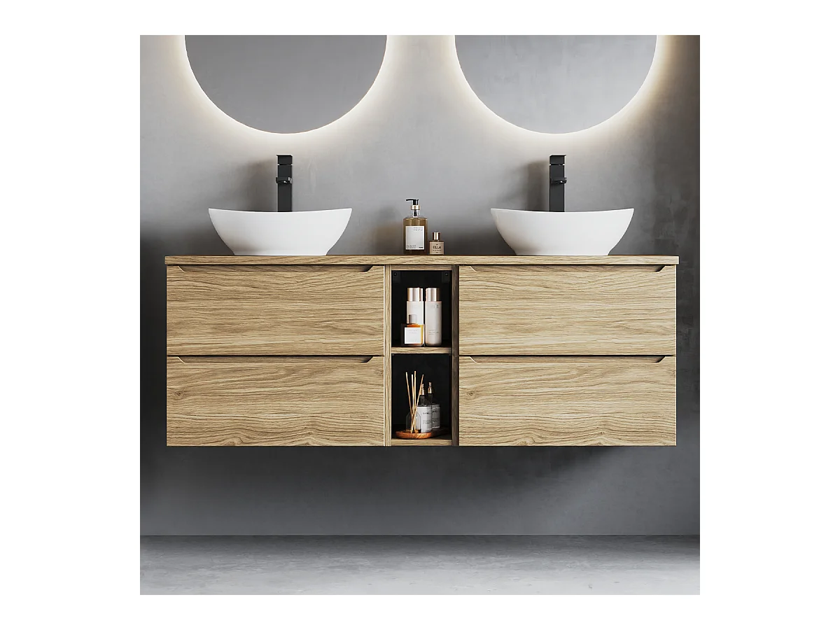 Ensemble pour salle de bain 140 cm Armoire Étagère Plan de travail Lavabo Chêne huilé Etna