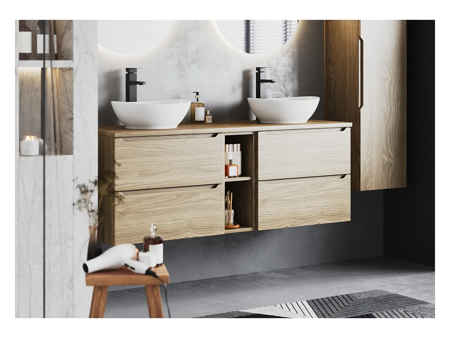 Ensemble pour salle de bain 140 cm Armoire Étagère Plan de travail Lavabo Chêne huilé Etna