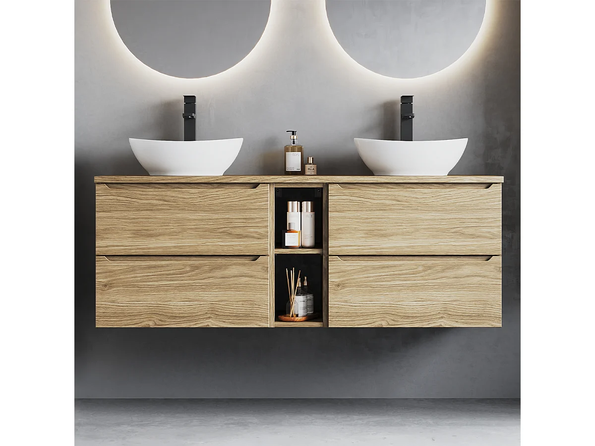 Ensemble pour salle de bain 140 cm Armoire Étagère Plan de travail Lavabo Chêne huilé Etna