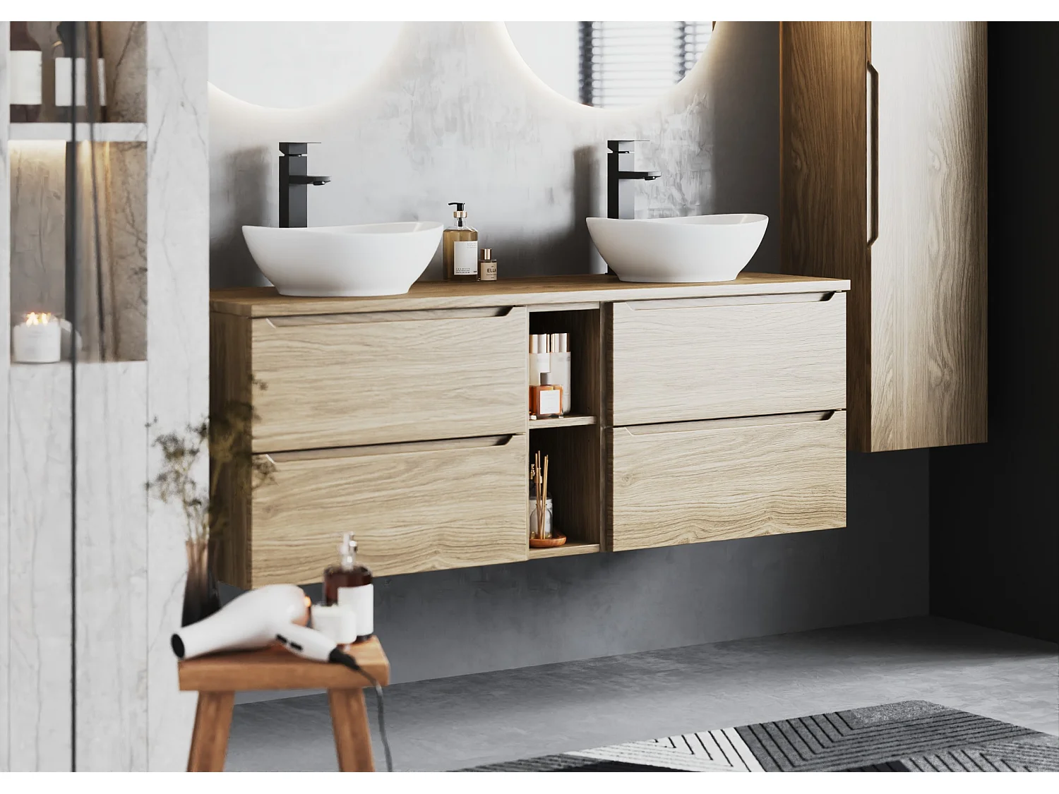 Ensemble pour salle de bain 140 cm Armoire Étagère Plan de travail Lavabo Chêne huilé Etna