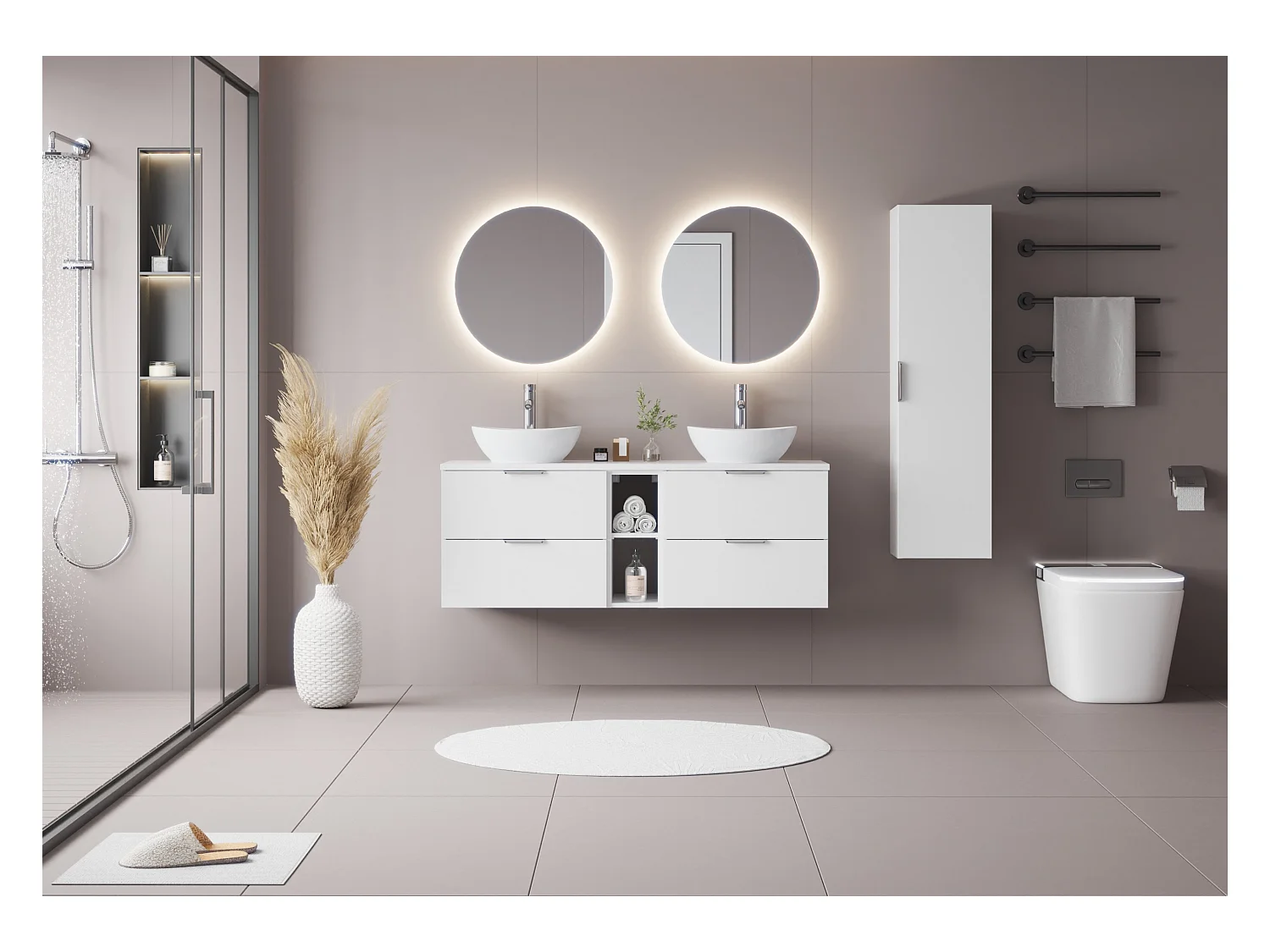 Ensemble blanc pour salle de bain 140 cm Armoire Étagère Plan de travail Lavabo Pile