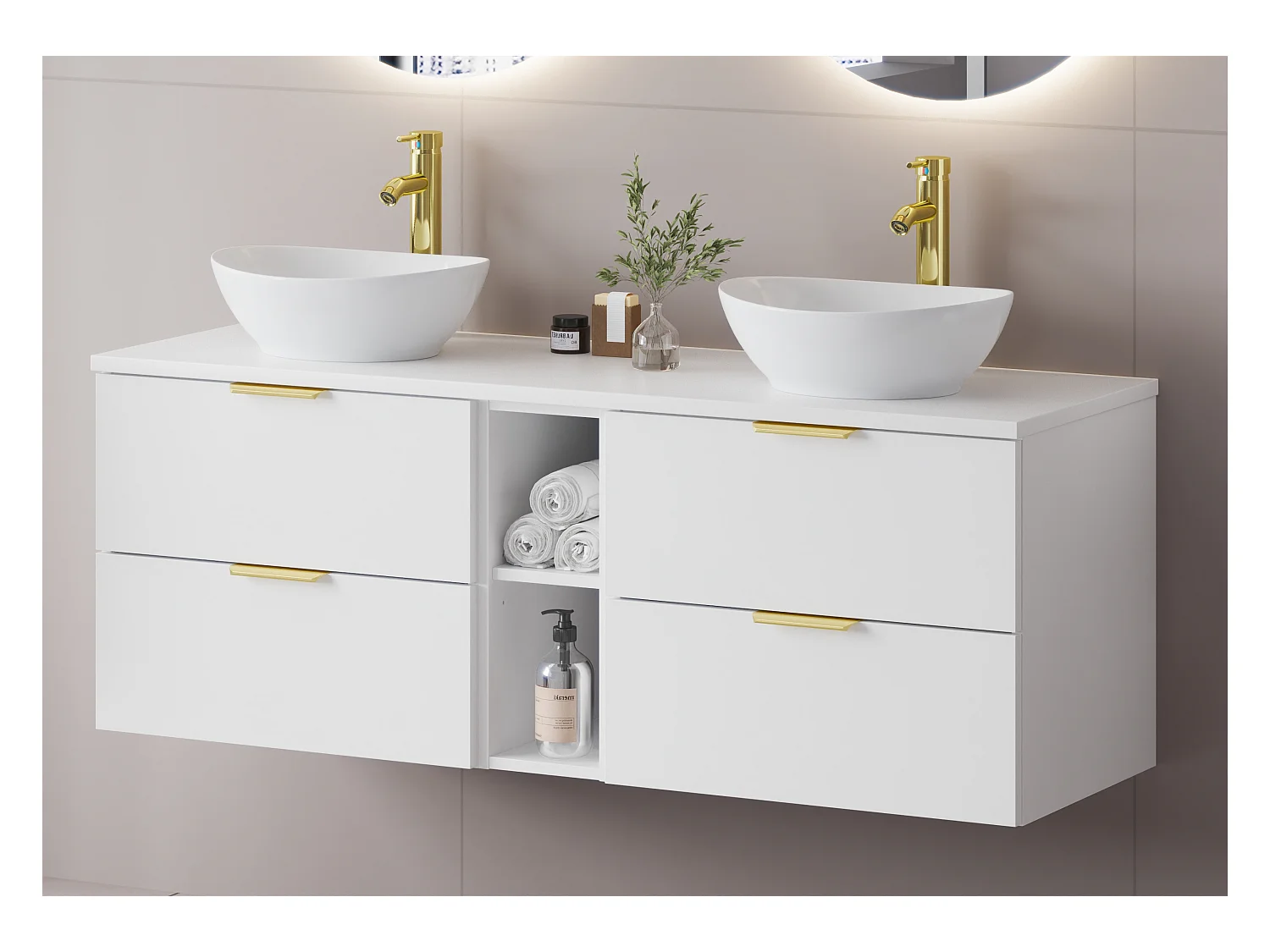 Ensemble blanc pour salle de bain 140 cm Armoire Étagère Plan de travail Lavabo Pile