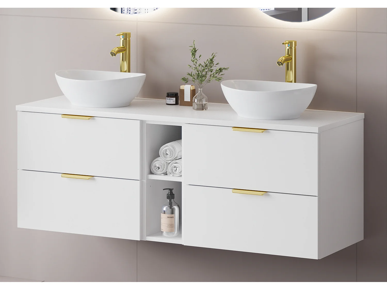 Ensemble blanc pour salle de bain 140 cm Armoire Étagère Plan de travail Lavabo Pile