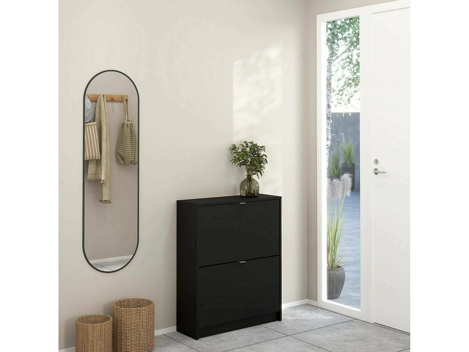 Sapateira Larry, 12 Pares, 70x24x85h cm Preto, Móvel porta-sapatos, 2 Portas, 4 Compartimentos