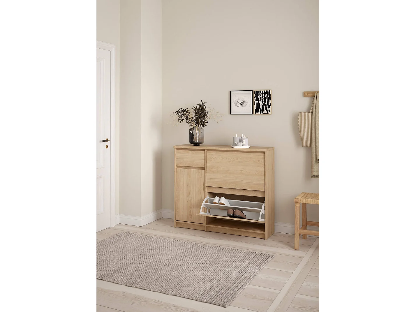 Schuhschrank Todd, eine Schublade, 31,5x108,9x92,9h cm Eichebraun, Schuhaufbewahrungsmöbel