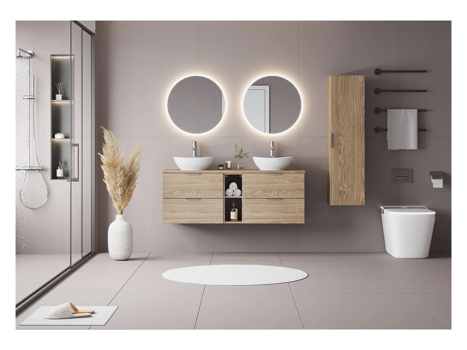 Ensemble pour salle de bain 140 cm Armoire Étagère Plan de travail Lavabo Chêne huilé Pile