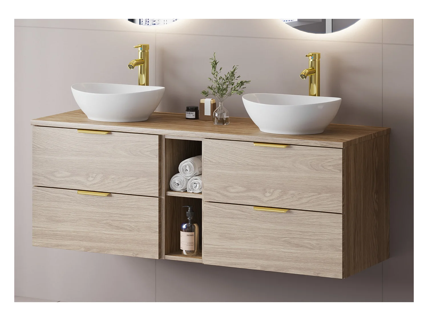 Ensemble pour salle de bain 140 cm Armoire Étagère Plan de travail Lavabo Chêne huilé Pile