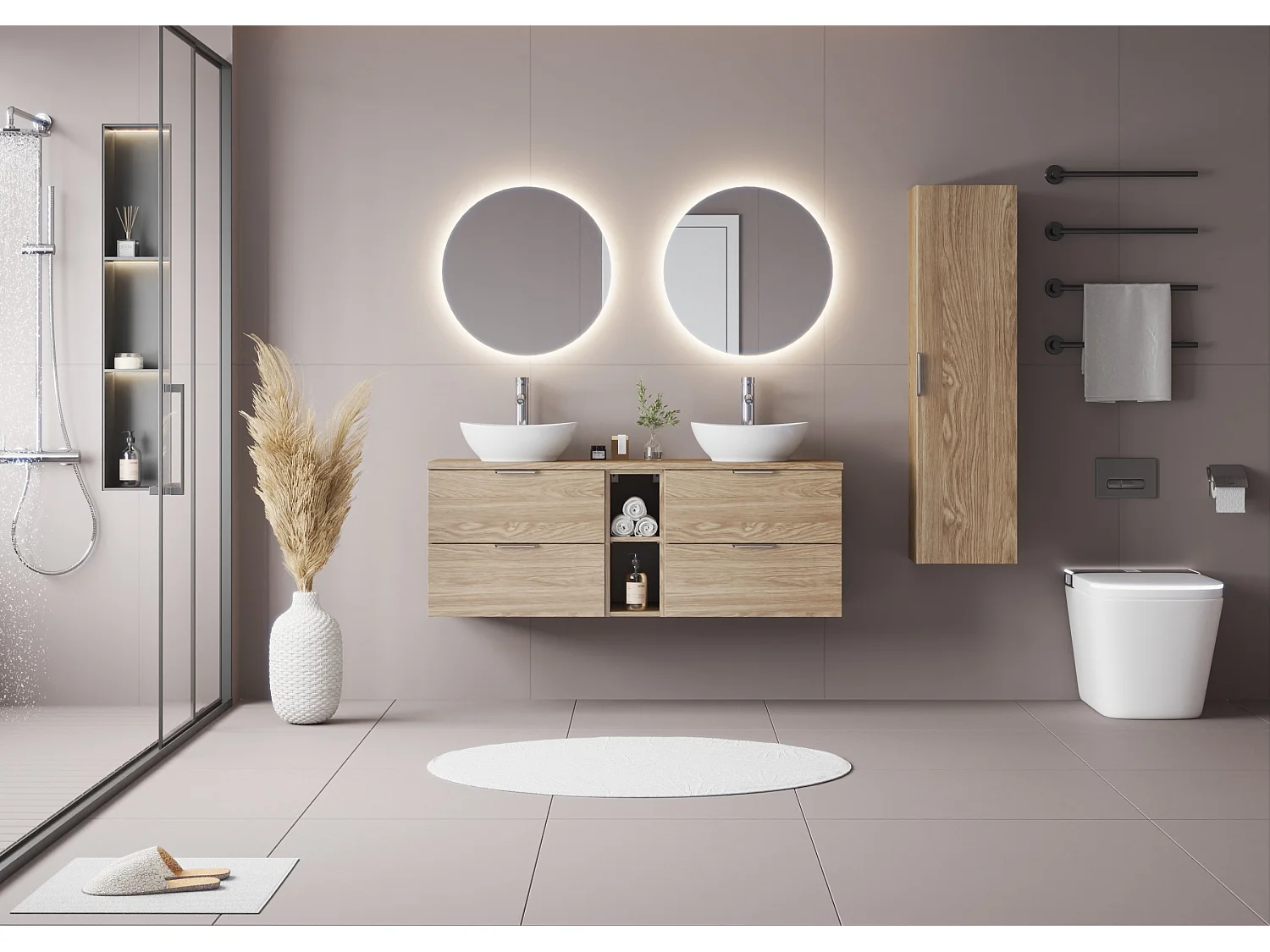 Ensemble pour salle de bain 140 cm Armoire Étagère Plan de travail Lavabo Chêne huilé Pile