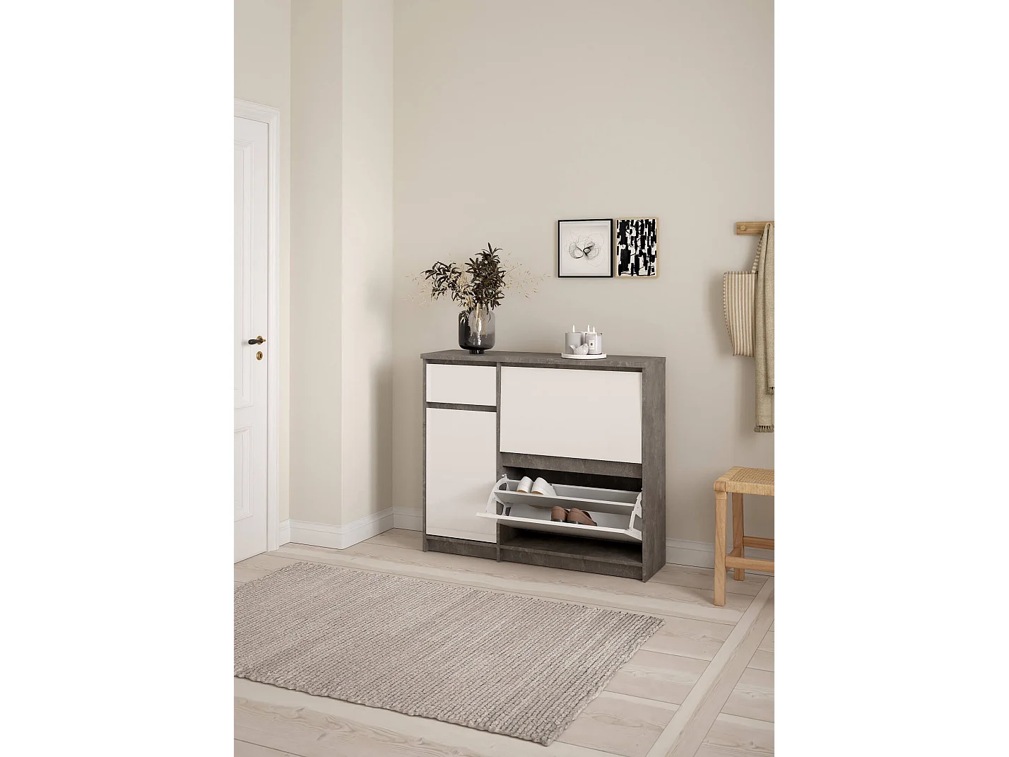 Sapateira Dtrainin, Sapateira, Armário de entrada multiusos, Sapateira, 109x32 h93 cm, Cimento e Branco