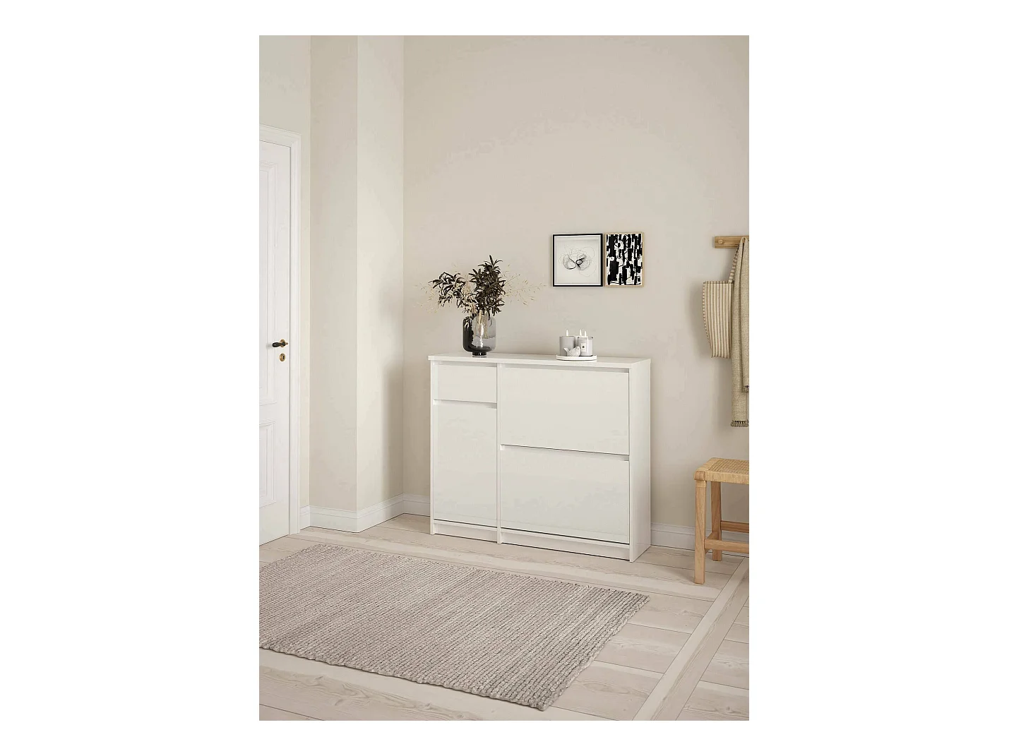 Meuble à chaussures Todd, un tiroir, 31,5x108,9x92,9h cm Blanc Brillant, Rangement chaussures