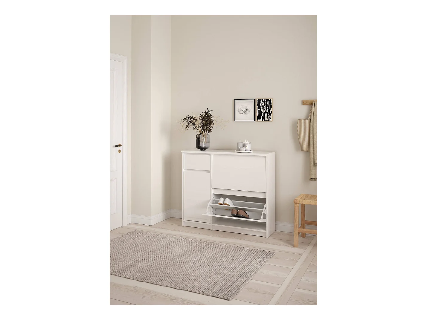 Meuble à chaussures Todd, un tiroir, 31,5x108,9x92,9h cm Blanc Brillant, Rangement chaussures