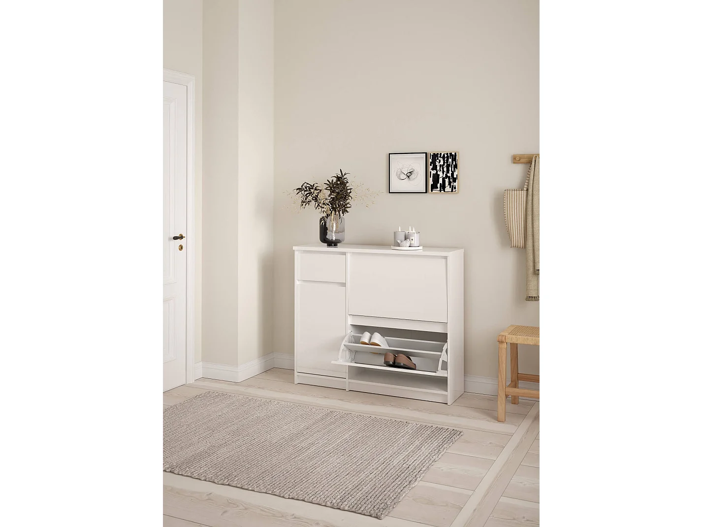 Scarpiera Todd, un Cassetto, 31.5x108.9x92.9h cm Bianco Lucido, Mobile Portascarpe