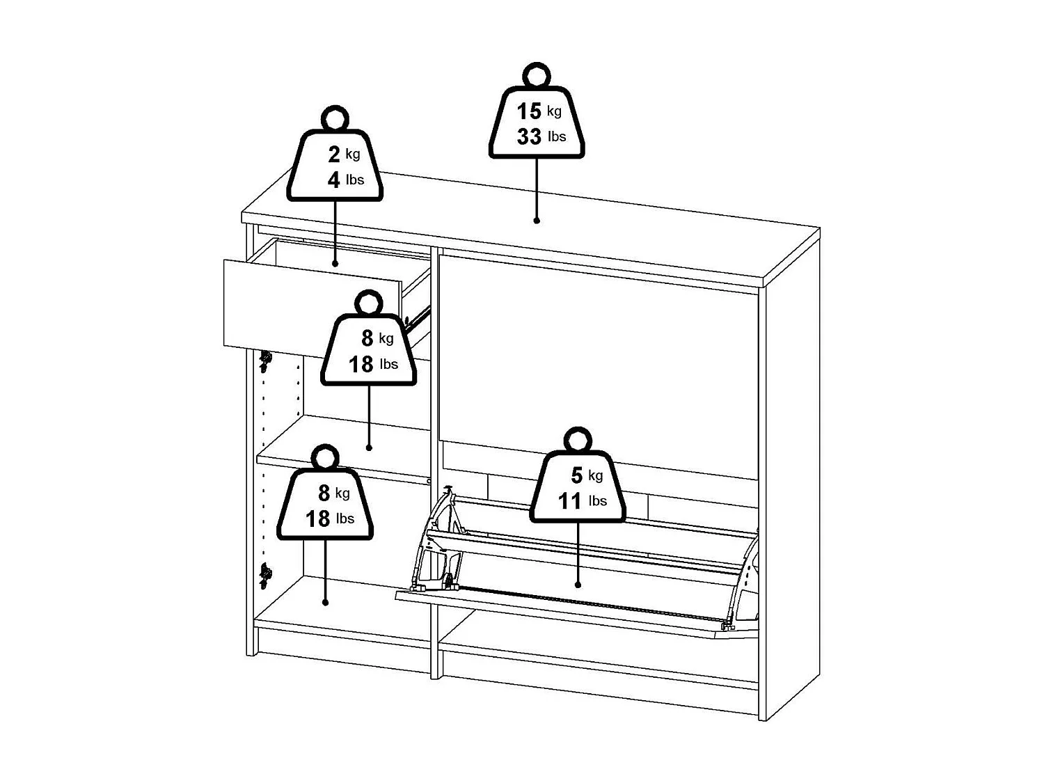 Dtrainin schoenenrek, Schoenenkast, Multifunctionele entreekast, Schoenenkast, 109x32 h93 cm, Wit